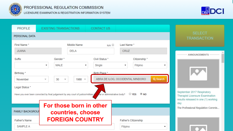 PRC Online Registration Form - Personal Information - LET exam Registration for Filing