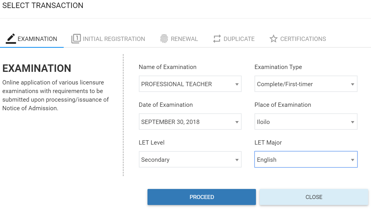 PRC Filing Choose Exam LET