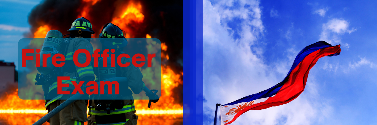 firefighters fighting fire with flag of Philippines on the left - a featured image for article about fire officer exam in the philippines